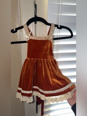 Rust Velvet Lace-Trim Little Girl Dress